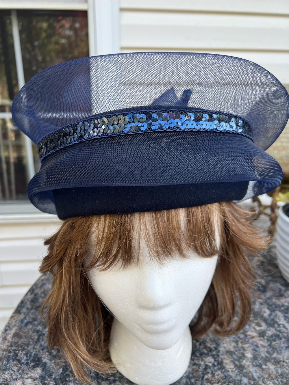Sophisticated Unique Ladies Navy Blue Hat with bow Tulle & Sequins one size